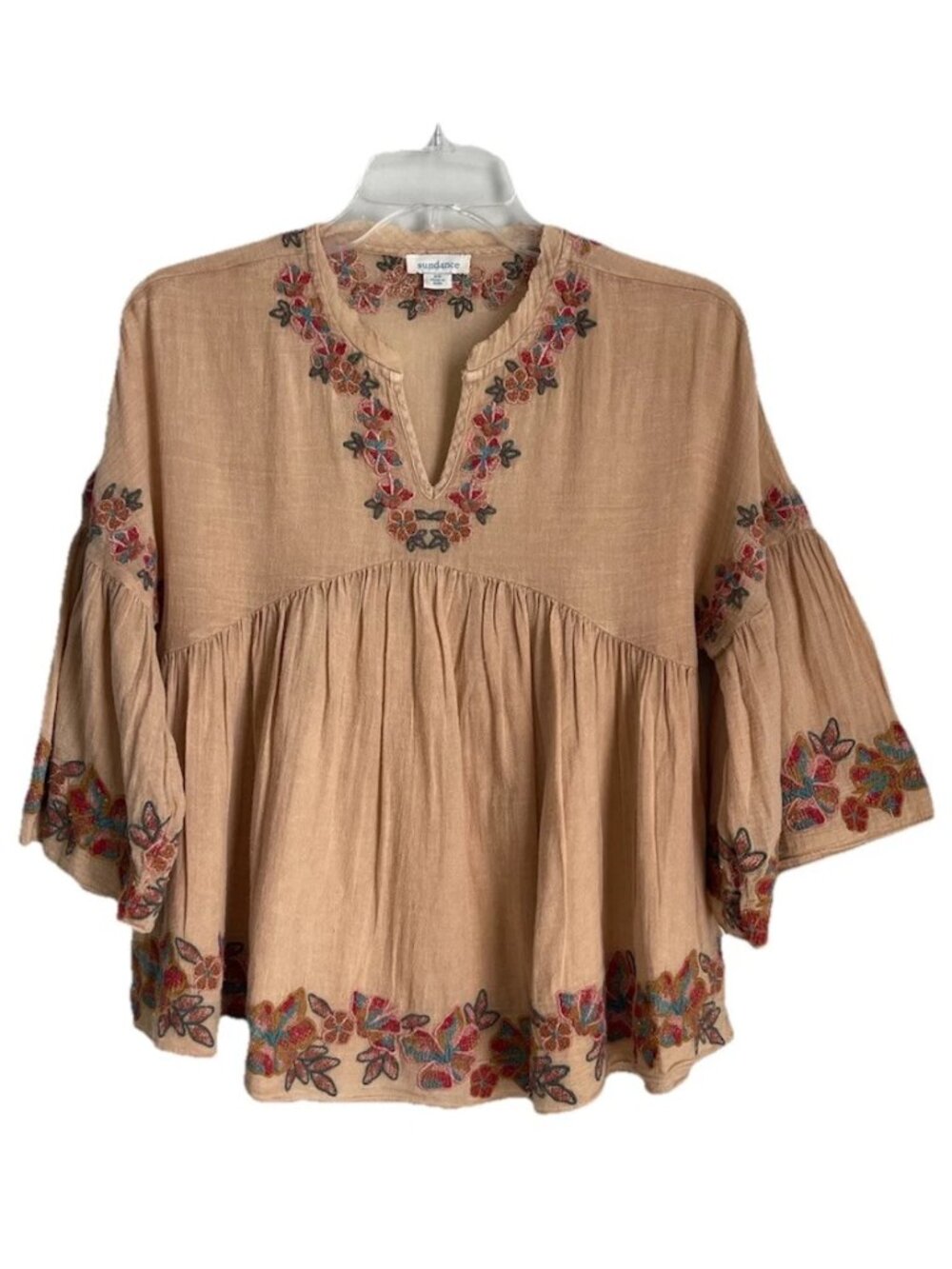 Sundance Beige Desert Dreamer Top Embroidered Bell Sleeve Boho